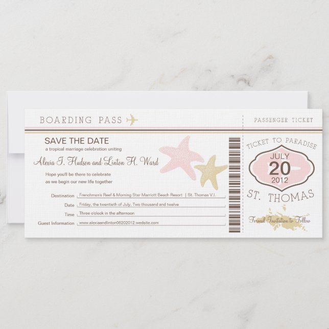 St. Thomas Wedding Boarding Pass Save The Date (Vorderseite)
