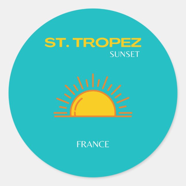 St Tropez, Sunset, Travel Art, Türkis Runder Aufkleber (Vorderseite)