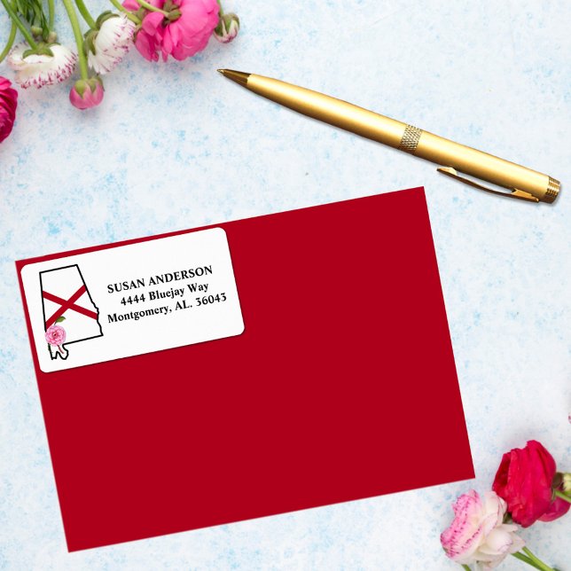 Staat Alabama Flag mit Staat Blume Camellia Adressaufkleber (Von Creator hochgeladen)