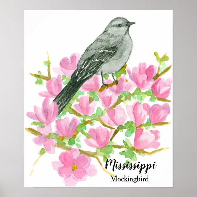 Staat Bird of Mississippi Mockingbird Wasserfarbe Poster (Vorne)