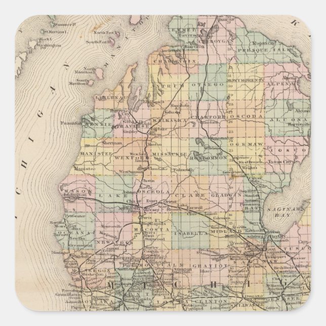 Staat der Michigan Atlas Karte Quadratischer Aufkleber (Vorderseite)