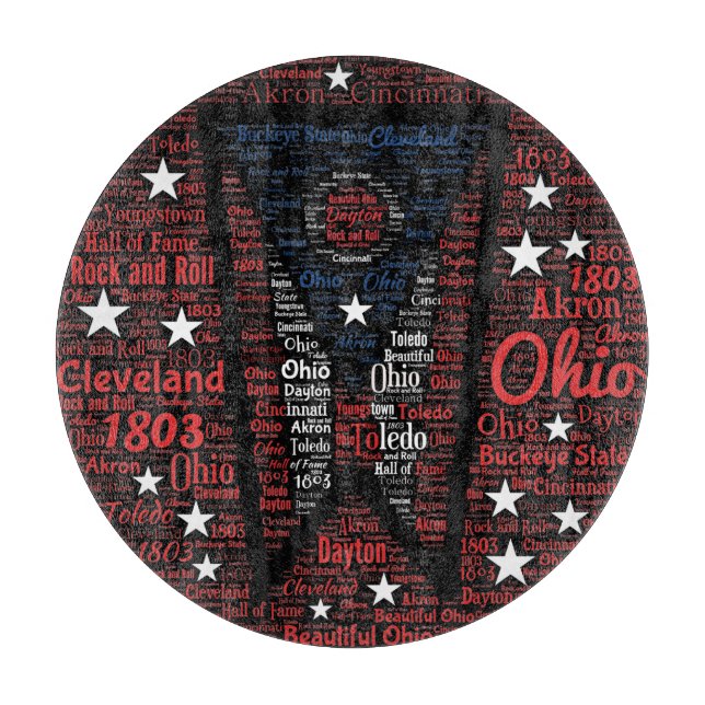 Staat des Ohio Word Art Glass Cutting Board 12" Schneidebrett (Vorderseite)