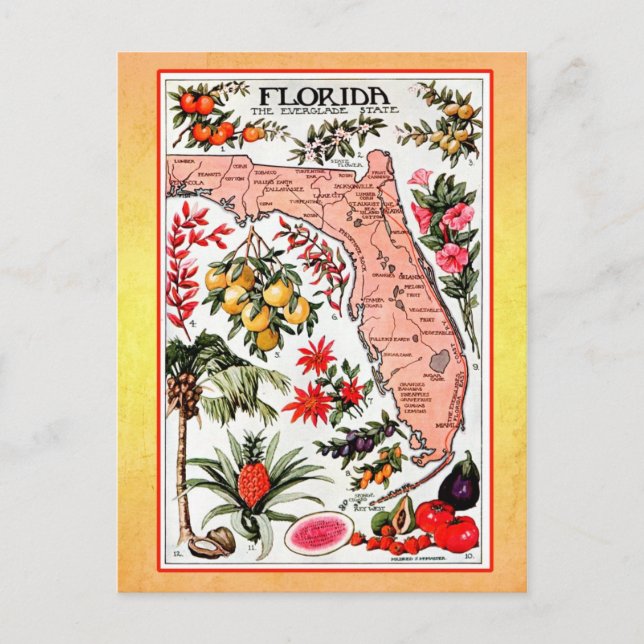 Staat-Karte von Florida (Vintager Ausdruck) Postkarte (Vorderseite)