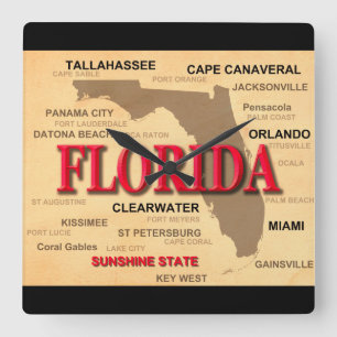 Staat von Florida-Karte, Miami, Orlando, Key West Quadratische Wanduhr