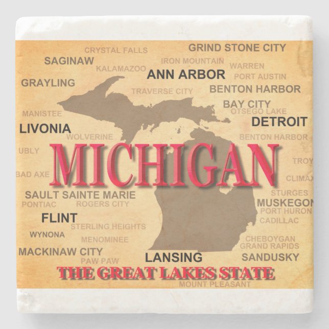 Staat von Michigan Map, Detroit, Lansing Steinuntersetzer (Vorderseite)
