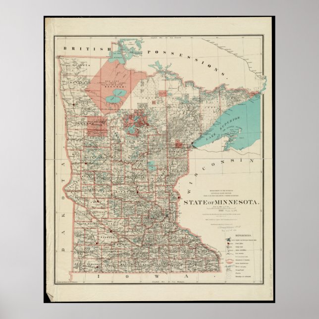Staat von Minnesota Vintage Karte Poster (Vorne)