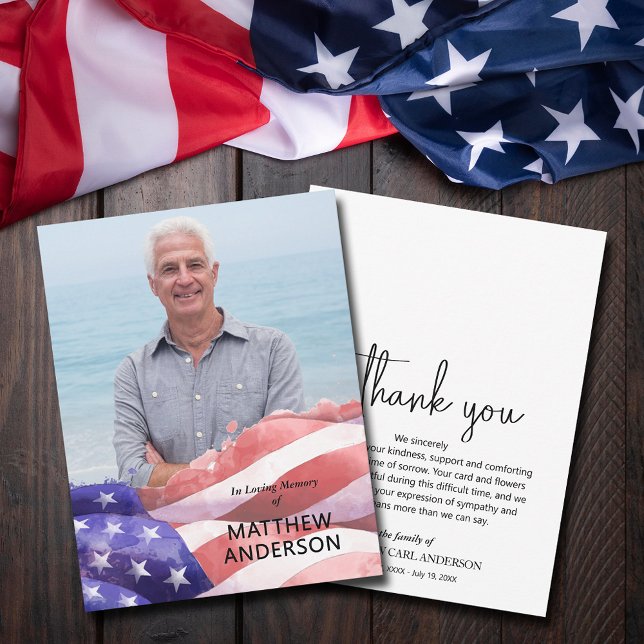 Staaten Flag Funergrabmal Foto Dankeskarte (United States flag and photo funeral memorial flat thank you cards)