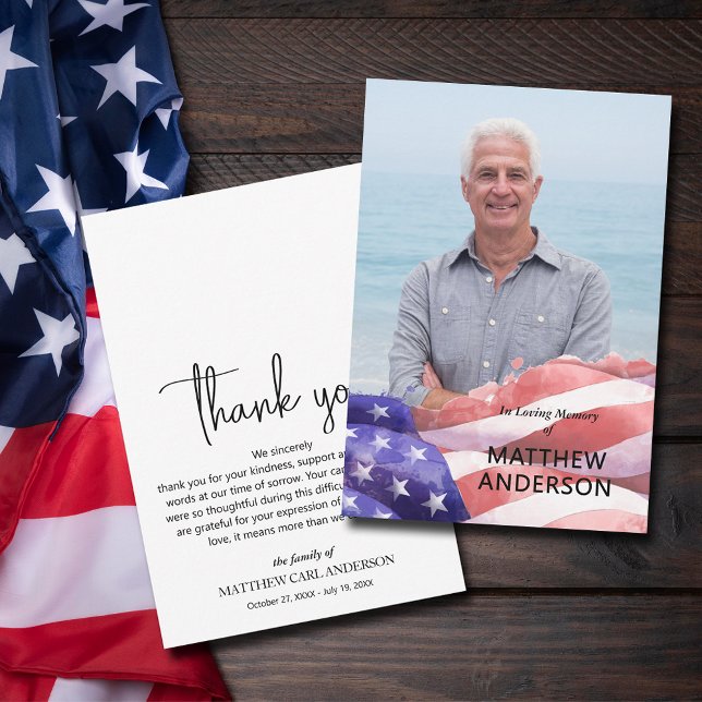 Staaten Flag Funergrabmal Foto Dankeskarte (United States flag funeral photo flat thank you cards)
