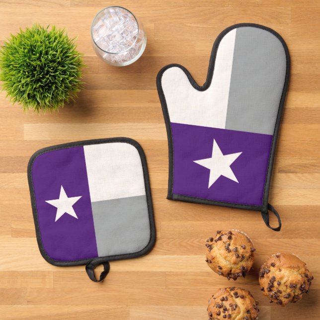 Staatsflagge lila & silbergrau von Texas Ofenhandschuh & Topflappen-Set (Oben Unten)