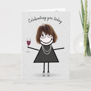 Stäbchenfigur Geburtstagsmädchen mit Rotwein Karte