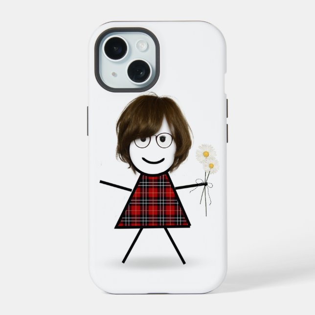 Stäbchenfigur Mädchen mit Gänseblümchen   iPhone 15 Hülle (Rückseite)