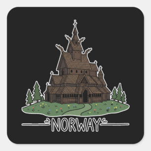 Stabkirche in Norwegen Minimalist Doodle Quadratischer Aufkleber