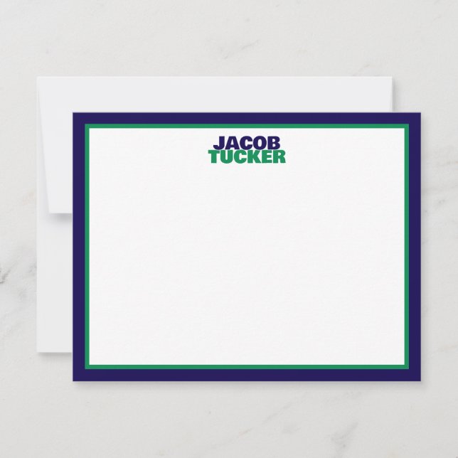 Stacked Name Navy Green Border Preppy Stationery Mitteilungskarte (Vorderseite)