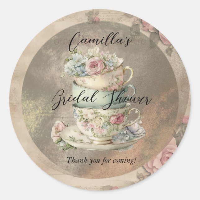 Stacks Floral Teacups Ephemere Brautparty Runder Aufkleber (Vorderseite)