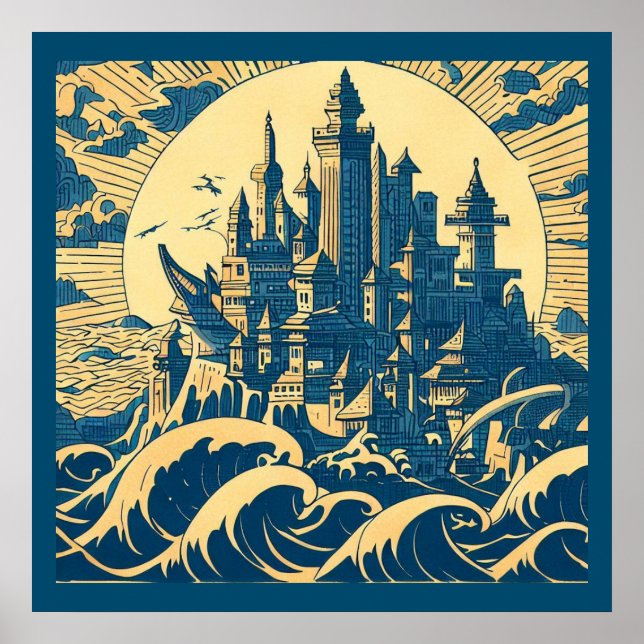 Stadt Atlantis 3 - Holzschnitt Poster (Vorne)