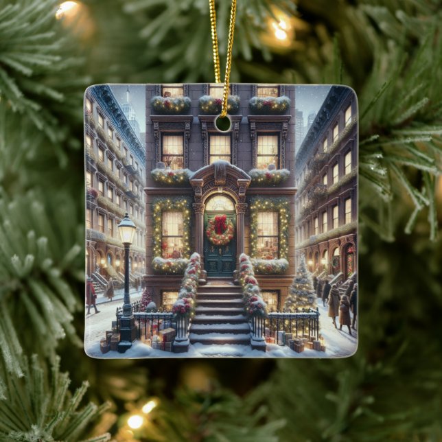 Stadt Brownstone zu Weihnachten Keramikornament (Baum)
