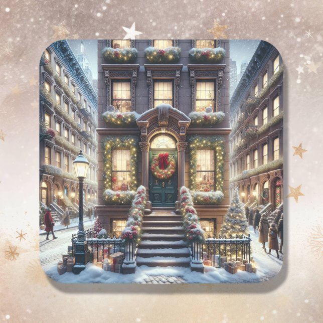 Stadt Brownstone zu Weihnachten Quadratischer Aufkleber (Von Creator hochgeladen)