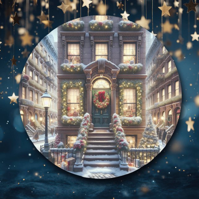 Stadt Brownstone zu Weihnachten Runder Aufkleber (Von Creator hochgeladen)
