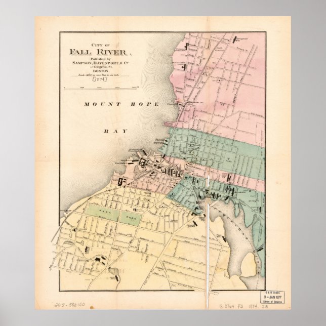 Stadt des Fall River, Massachusetts Map (1874) Poster (Vorne)