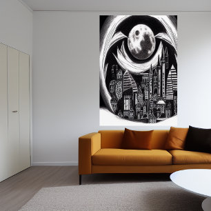 Stadt in der Nacht, Mond am Himmel   AI Art Poster