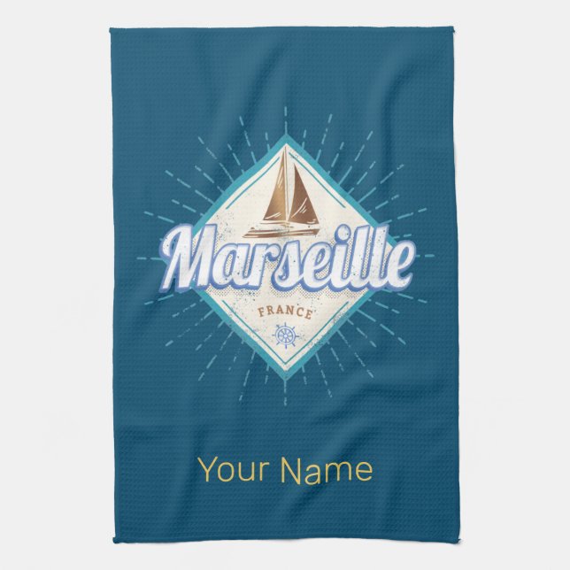 Stadt Marseille Frankreich Retroschiff Vintag Geschirrtuch (Vertikal)