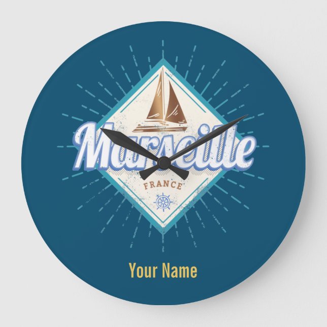 Stadt Marseille Frankreich Retroschiff Vintag Große Wanduhr (Vorderseite)