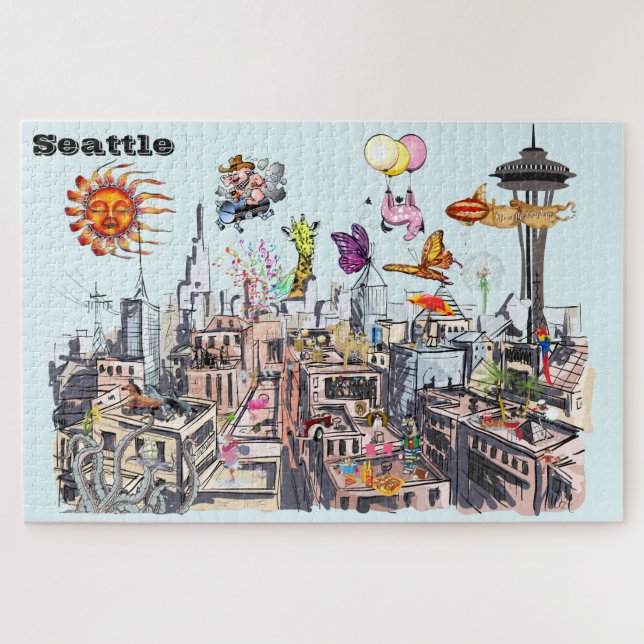 Stadt Seattle Surreal Pop Art beschäftigt Puzzle (Horizontal)