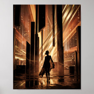 Stadt-Silhouette mit goldenen Lichtstrahlen Digita Poster
