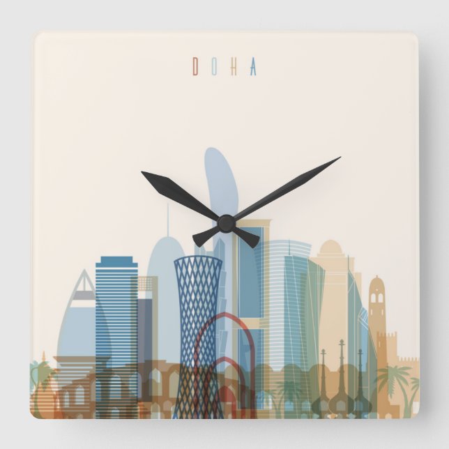 Stadt-Skyline Dohas, Qatar | Quadratische Wanduhr (Vorderseite)