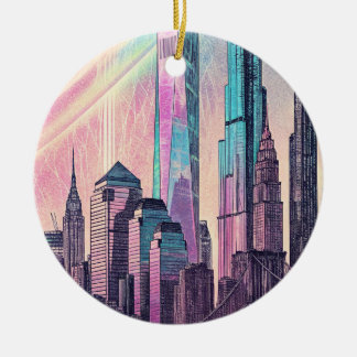Stadt-Skyline Holografisches Glitch-Art-Plakat Keramik Ornament