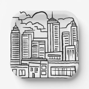 Stadt-Skyline Schwarz-Weiß-Zeichnung Pappteller