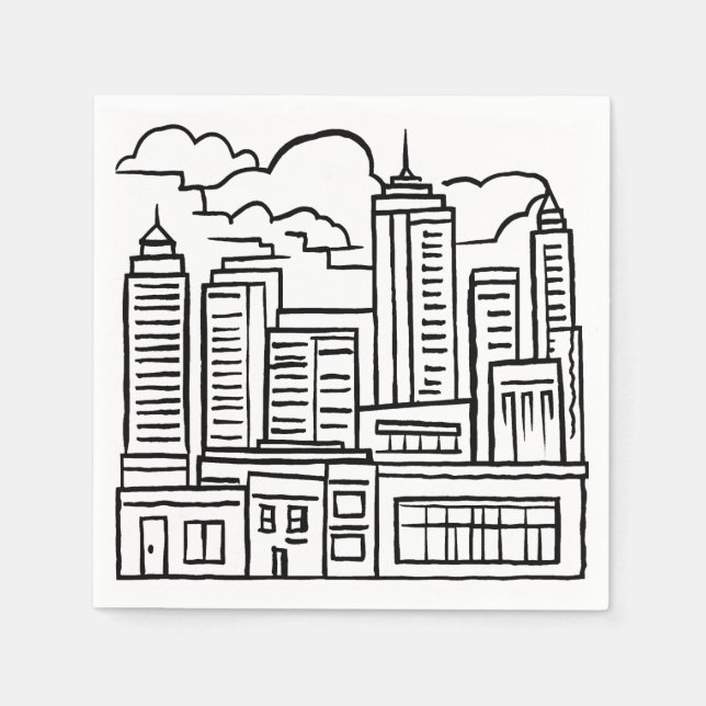 Stadt-Skyline Schwarz-Weiß-Zeichnung Serviette (Vorderseite)