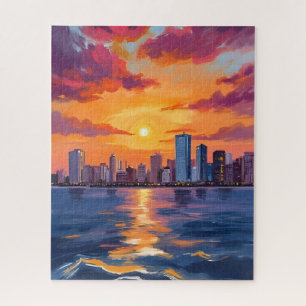 Stadt-Skyline-Sonnenuntergang-Aquarell-Kunst Puzzle