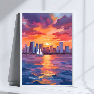 Stadt-Skyline-Sonnenuntergang-Reflexion-Aquarellma Poster