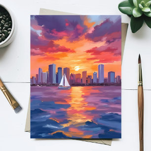 Stadt-Skyline-Sonnenuntergang-Reflexion-Aquarellma Postkarte