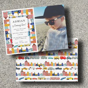 Stadt Transport Fahrzeuge LKW Geburtstagsfoto Einladung
