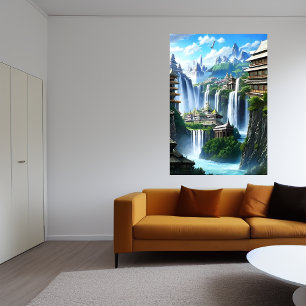 Stadt und großer Wasserfall   AI Art Poster