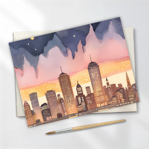 Stadtansicht bei Sonnenuntergang Aquarellmalerei Postkarte