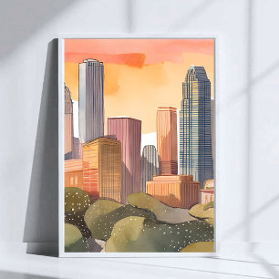 Stadtansicht bei Sonnenuntergang Stadt-Silhouett Poster