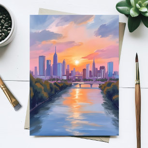 Stadtansicht Sonnenuntergang Aquarellmalerei Postkarte