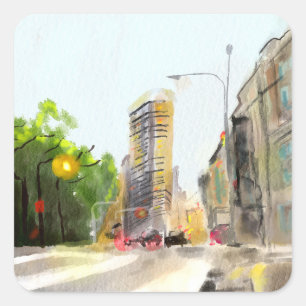 Stadtbild Aquarellmalerei Quadratischer Aufkleber