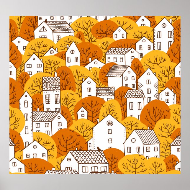 Stadtbild Herbst, Baumhäuser Muster. Poster (Vorne)