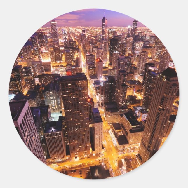 Stadtbild in der Nacht von Chicago Runder Aufkleber (Vorderseite)