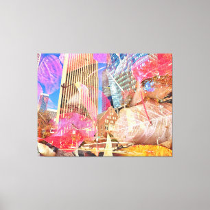 Stadtbild mit roten Herbstblättern Überlaid Abstra Leinwanddruck