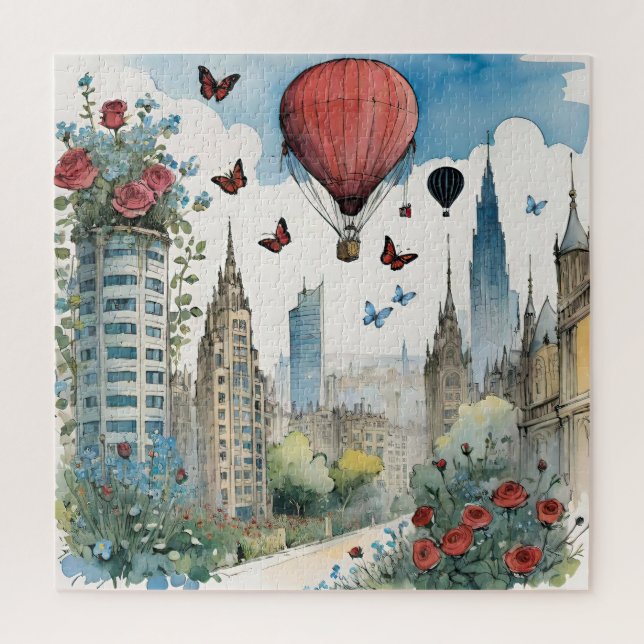 Stadtbild Rose Schmetterlinge und Heißluftballons Puzzle (Vertikal)