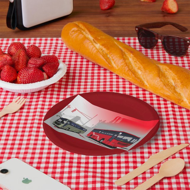 Stadtbusse Rote grüne Busse in der Stadtstraße Pappteller (Von Creator hochgeladen)