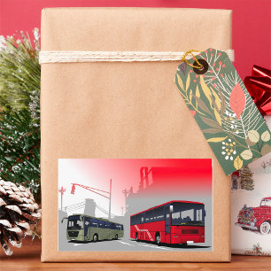 Stadtbusse Rote grüne Busse in der Stadtstraße Rechteckiger Aufkleber