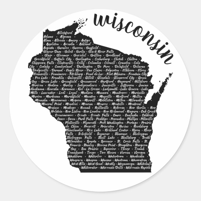 Städte in Wisconsin, Schwarze Karte Runder Aufkleber (Vorderseite)