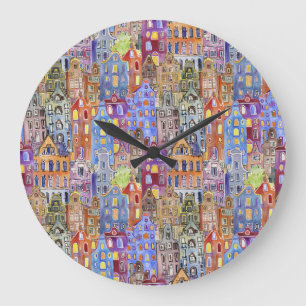 Stadthäuser, nahtlos städtisches Muster. Große Wanduhr