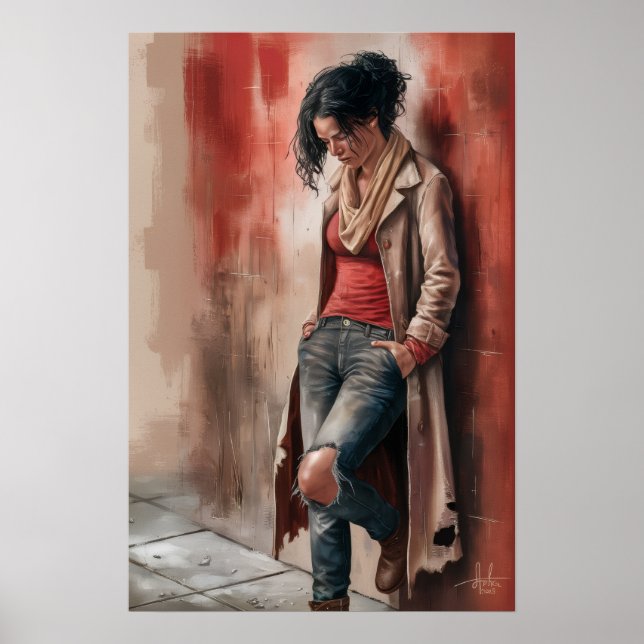 Städtische Einsamkeit: Figur vor der roten Wand Poster (Vorne)